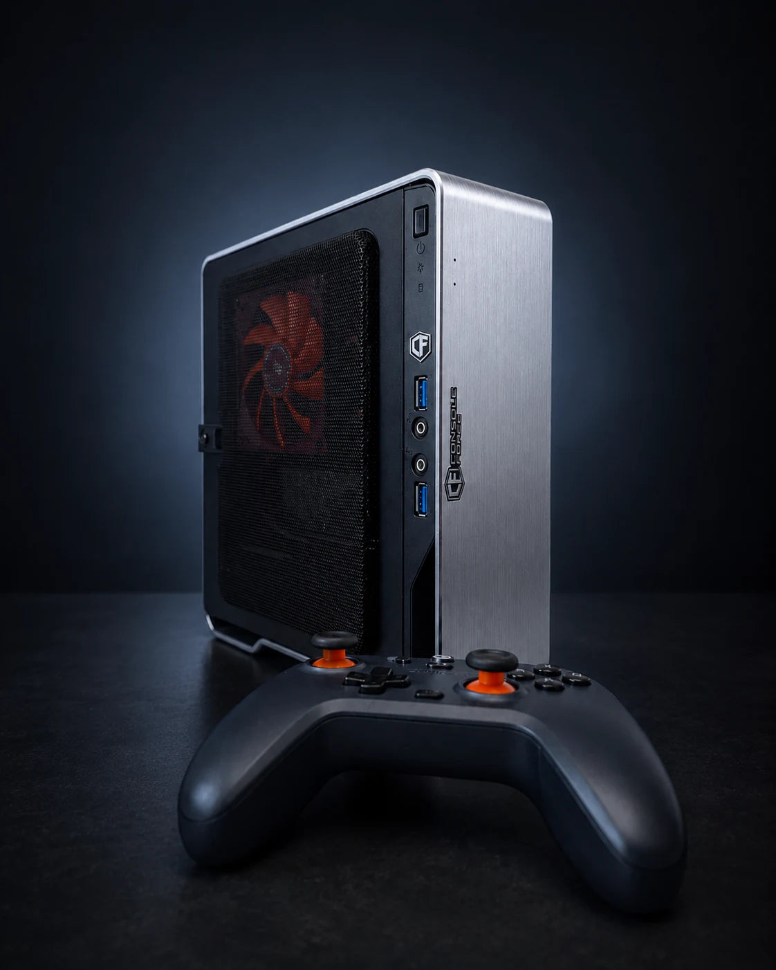 Console Forge Mini next to a game controller for size comparison
